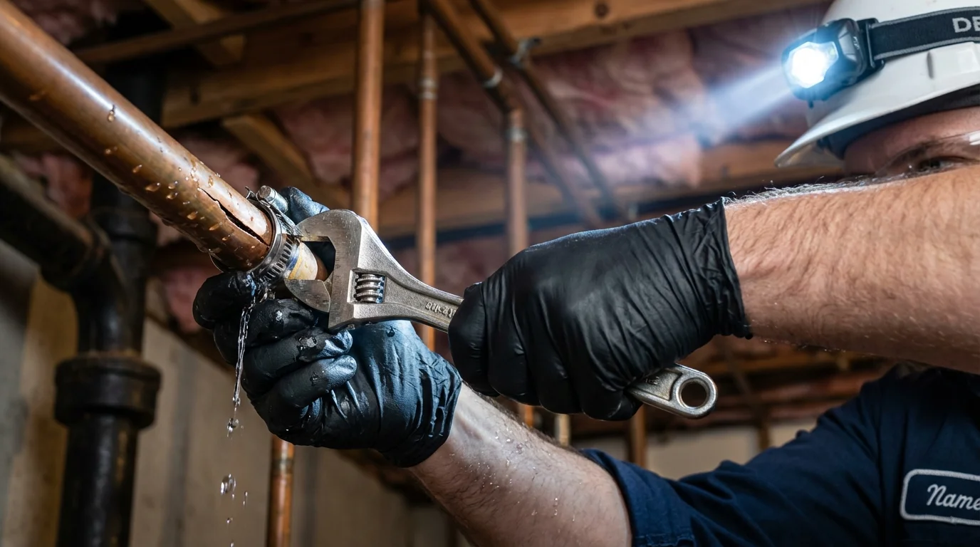 Emergency pipe clamp repair being performed by a Johns Plumbing LLC plumber in Coos Bay