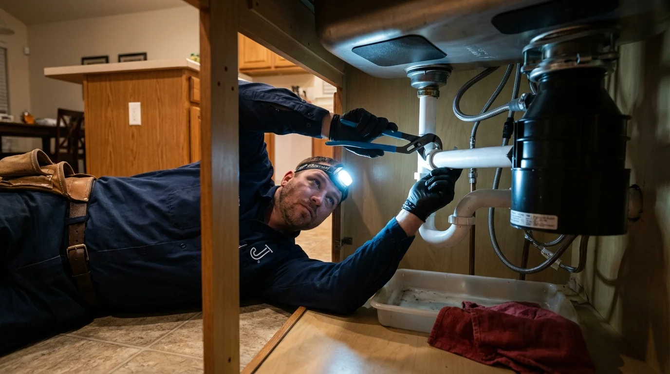 P-trap and supply line connections under a kitchen sink showing a common leak point in Coos Bay, OR